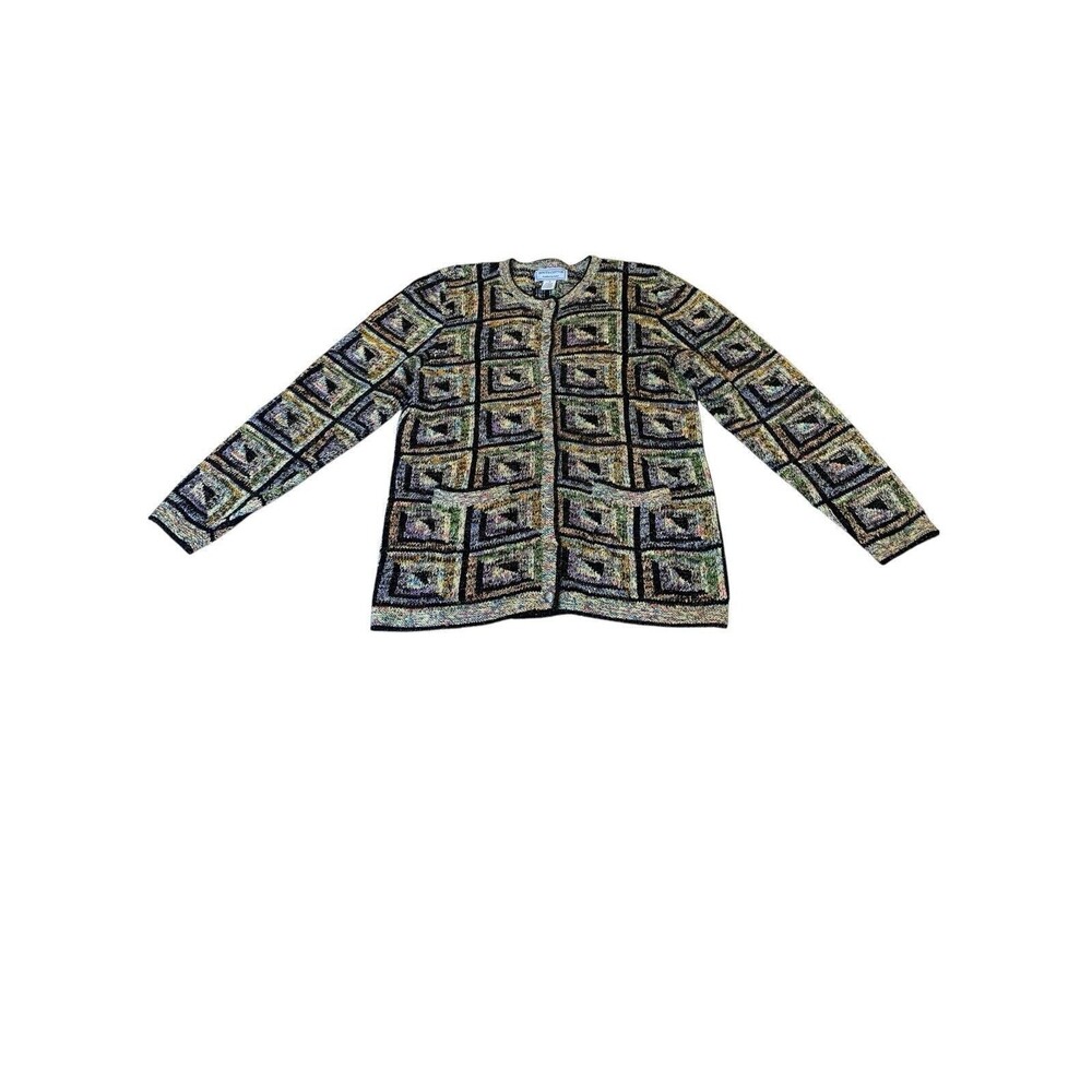 Vintage South Cotton Knitted by Hand Heavy Cardigan Geometric Sweater w/ Flaws S